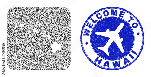 Vector collage Hawaii State map of airline items and grunge Welcome badge. Mosaic geographic Hawaii State map constructed as subtraction from rounded square with air flights.