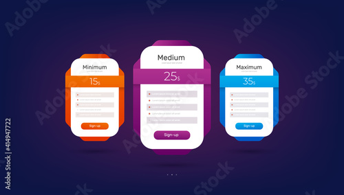 Table price comparison. Pricing 3 blocks for standard, personal and business compare tariff banners.