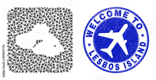 Vector collage Lesbos Island map of transportation elements and grunge Welcome seal stamp. Collage geographic Lesbos Island map constructed as subtraction from rounded square shape with airflights.