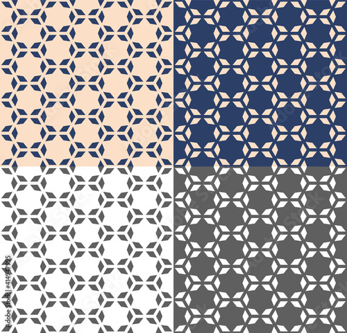 Seamless geometric pattern in arabic style with polygon, star. Vectore repeating texture for wallpaper, packaging, invitation, fabric print. Beige, blue and monochrome background. Color inversion
