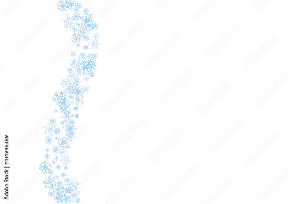 Winter frame with blue snowflakes for Christmas and New Year celebration. Horizontal winter frame on white background for banners, gift coupons, vouchers, ads, party events. Falling frosty snow. Winter frame with blue snowflakes for Christmas and New Year celebration. Horizontal winter frame on white background for banners, gift coupons, vouchers, ads, party events. Falling frosty snow.