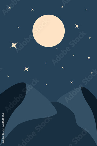 Abstract modern aesthetic background with landscape, mountains at night, stars with moon in sky. Muted blue-green tones. Boho style wall decor. Modern minimalist art print. Vector illustration poster