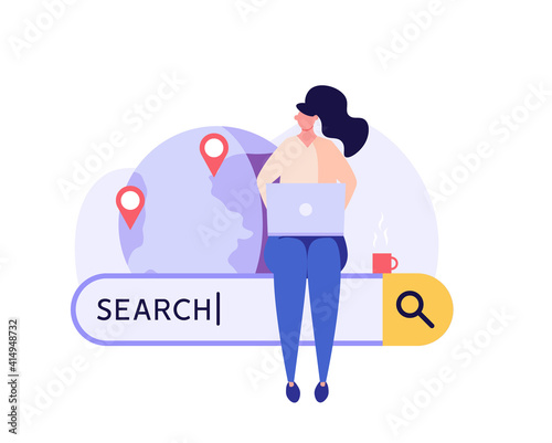 People searching information in internet. Woman browsing online with search bar. Web search in internet, online surfing, SEO. Trendy vector illustration in flat design for web banners