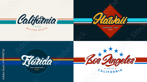 City slogan prints, college style with lettering. California, Hawaii, Florida, Los Angeles. Vector illustration varsity, graphic for t-shirt.