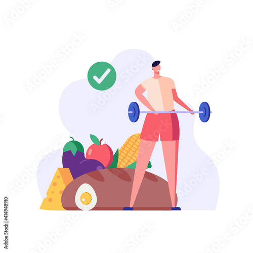 Diet plan illustration. People exercising and doing fitness. Man planning diet with vegetable. Concept of dietary eating, meal planning, nutrition consultation. Vector illustration for web design
