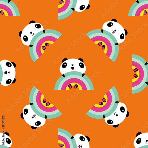 Kawaii panda rainbow seamless vector pattern background. Backdrop with cute black and white sitting cartoon bears holding on to rainbows. Laughing and smiling animals. Summer all over print for kids