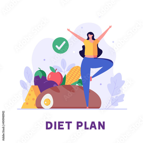 Diet plan illustration. People exercising and doing fitness. Woman planning diet with vegetable. Concept of dietary eating, meal planning, nutrition consultation. Vector illustration for web design