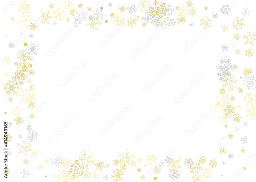 Gold snowflakes frame on white background. New year theme. Horizontal shiny Christmas frame for holiday banner, card, sale, special offer. Falling snow with gold snowflake and glitter for party invite