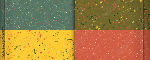 Set seamless trend colors terrazzo patterns. Pattern for ceramics marble natural stone. Vector stock illustration textured shapes in vibrant colors