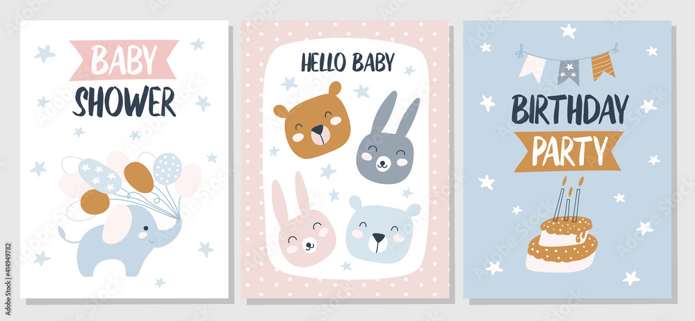 Set Baby shower and greeting cards. Vector illustrations Set Baby shower and greeting cards. Vector illustrations