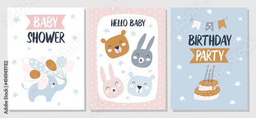 Set Baby shower and greeting cards. Vector illustrations