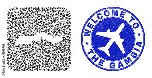 Vector collage the Gambia map of transportation elements and grunge Welcome seal. Collage geographic the Gambia map designed as subtraction from rounded square with airlines.