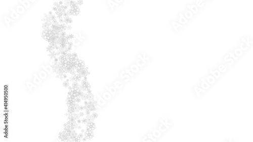 Snowflakes falling on white background. Horizontal Christmas and Happy New Year theme. Silver falling snowflakes for banner, gift card, party invitation, partner compliment and special business offers