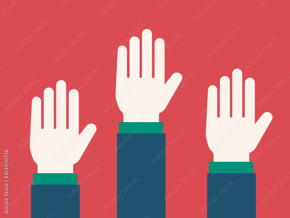 Obraz premium Voting illustration concept. Hands raised up grapic. Vector.