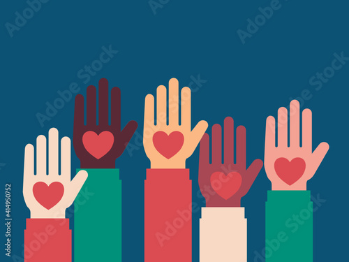 Volunteering illustration. Hands of different people raised up with hearts in their hands. Ilsolated graphic element. Vector.