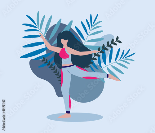 Young woman doing exercise on flora background. Healthy lifestyle concept.