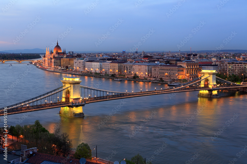 Chain bridge and cityscape at sunset, Budapest, Hungary