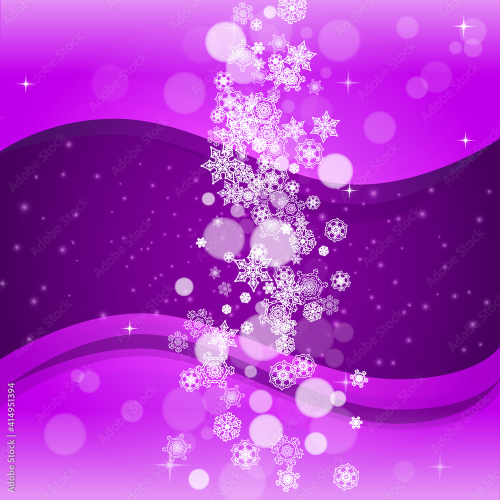 Fototapeta premium Xmas theme sale with ultraviolet snowflakes. New Year snowy backdrop. Winter border for gift coupons, vouchers, ads, party events. Christmas trendy background. Holiday banner for xmas theme