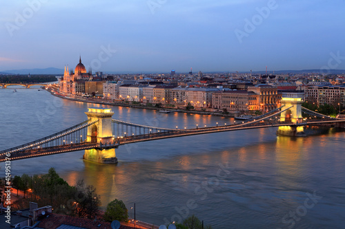 Chain bridge and cityscape at sunset  Budapest  Hungary