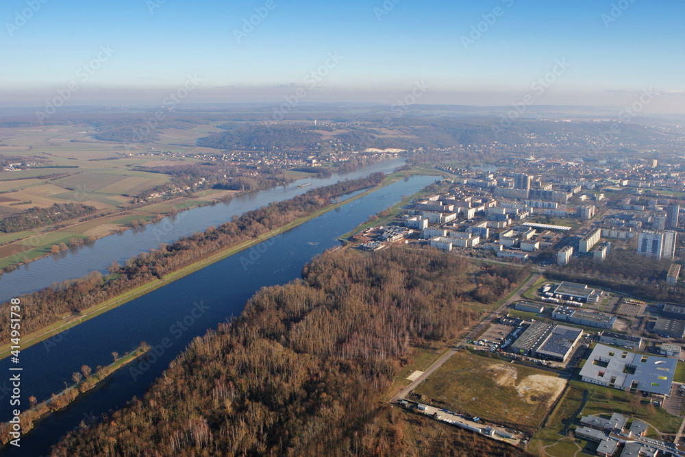 The Seine river at Mantes-la-Jolie seen fron the sky in Yvelines department