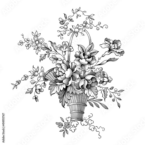 Rose peony flowers bouquet Baroque Victorian vintage botanical engraved floral vector ornament frame border scroll tattoo illustration