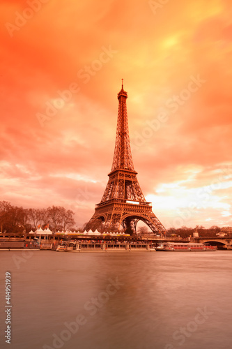 Eiffel Tower along he Seine river  Paris  France