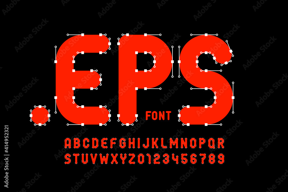 Vector format style font with Bezier curves, anchor points and handles ...