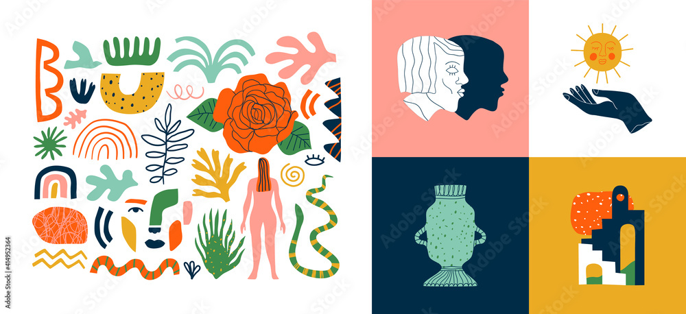 Set of trendy doodle and abstract nature icons on isolated white background. Big summer collection, random organic shapes in freehand matisse art style. Includes people, floral art, leaf bundle.