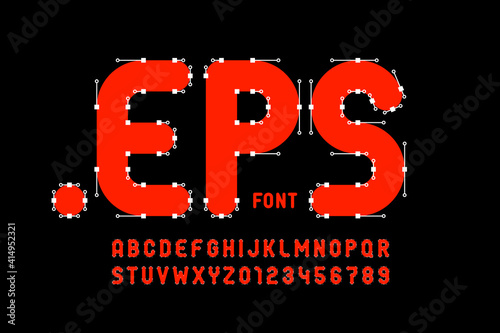 Vector format style font with Bezier curves, anchor points and handles, alphabet letters and numbers