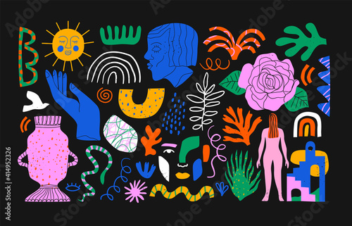 Set of trendy doodle and abstract retro icons on isolated white background. Big summer collection  random organic shapes in freehand matisse art style. Includes people  floral art  colorful bundle.