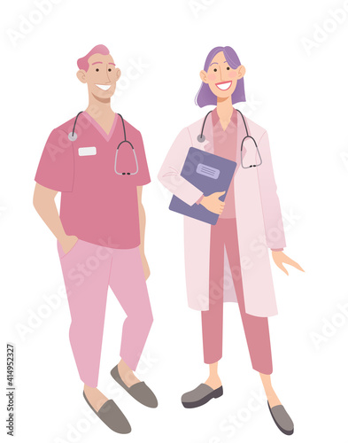 Friendly doctors in medical uniform. Smiling man and woman physicians. Friendly therapist and nurse. Isolated on white vector illustration.