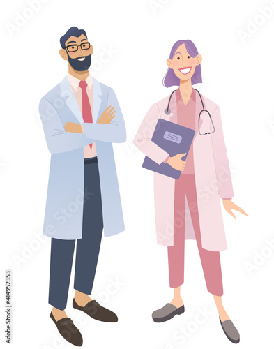 Friendly doctors in medical uniform. Smiling man and woman physicians. Friendly therapist and nurse. Isolated on white vector illustration.
