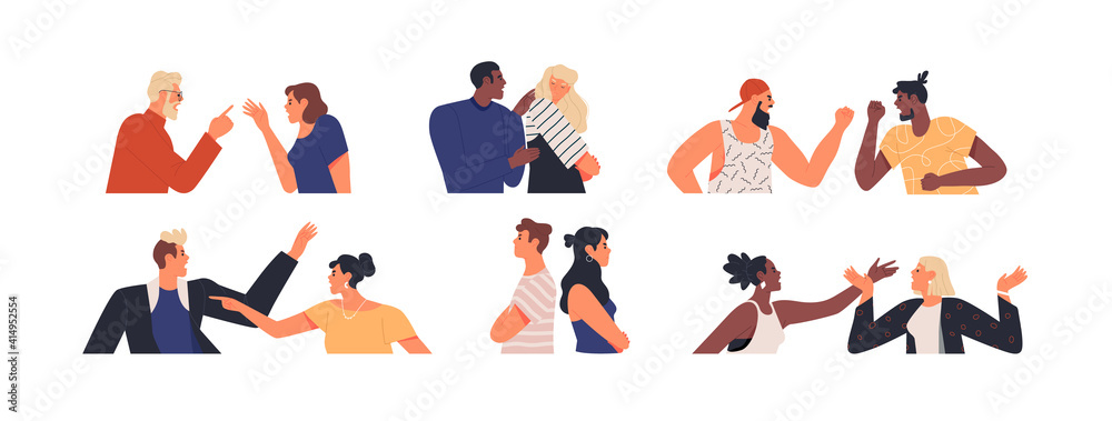 Diverse set of angry people having an argument or heated discussion concept. Modern flat cartoon characters bundle on isolated background. Men and women in confrontation, fighting or in disagreement.