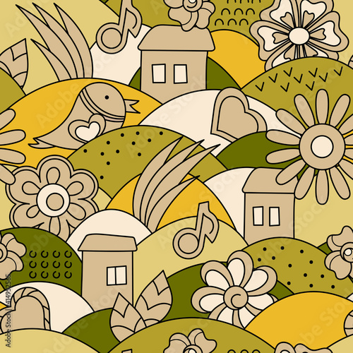 Spring hand-drawn doodle seamless pattern. Cartoon rural landscape with houses, flowers.