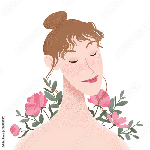 Beauty female portrait decorated with pink peonies flowers. Elegant woman avatar with floral background. Vector illustration