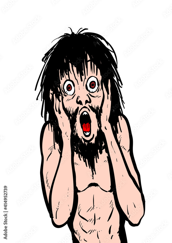 ムンク 叫ぶ 裸 驚き 悲壮 ショック ハゲ アフロ ビジネスマン サラリーマン 会社員 青年 中年 おっさん ヒゲ 長髪 焦り 動揺 頬に手 ひもじい 貧困 ホームレス 乞食 物乞い 原始人 野蛮人 上半身 ストレス 落ち込む 絶望感 絶望 悩む 悲しむ 脱毛 中高年 悩み びっくり