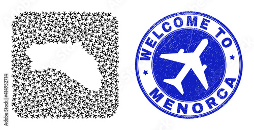 Vector collage Menorca Island map of airlines items and grunge Welcome seal stamp. Collage geographic Menorca Island map created as carved shape from rounded square shape using air flights.