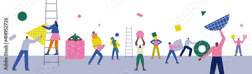 Diverse people working together with colorful geometric shapes in empty copy space office background. Modern flat cartoon style concept for analytics organization, business teamwork or social event.