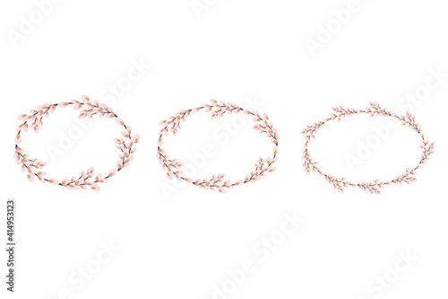 Collection of Easter willow wreaths. Oval wreath of willow stems.Vector flat illustration isolated on a white background. Design for invitations, postcards, and printing.