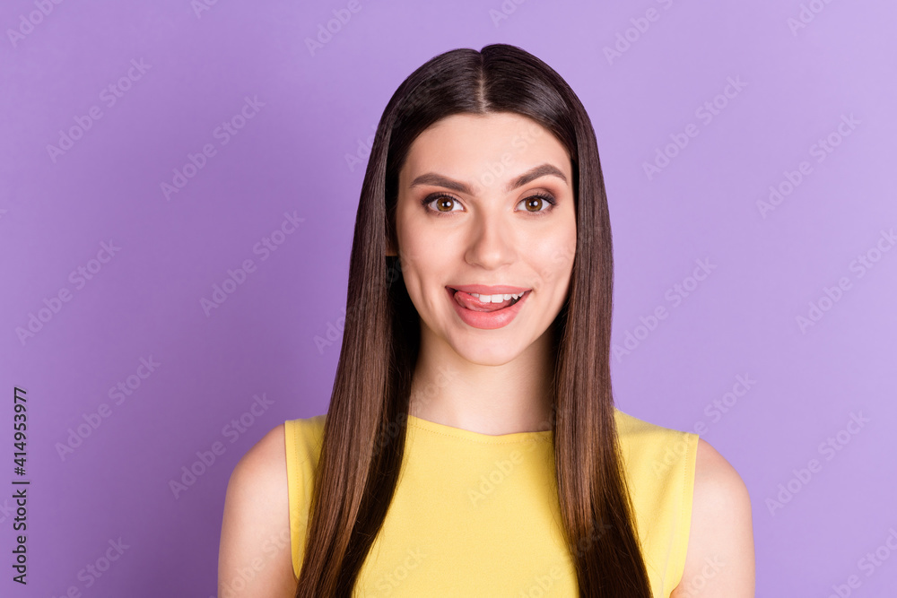 Portrait of attractive cheerful funny girl licking lip want tasty dessert isolated over violet purple pastel color background Portrait of attractive cheerful funny girl licking lip want tasty dessert isolated over violet purple pastel color background