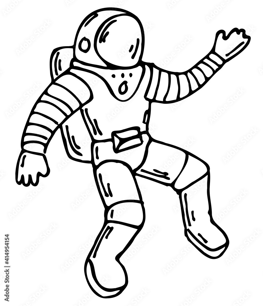 Contour black drawing of an astronaut in a spacesuit for coloring, doodle Contour black drawing of an astronaut in a spacesuit for coloring, doodle