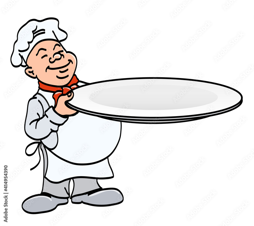 cook with a plate - chef holding a big empty tray, cartoon color vector illustration, on a white background cook with a plate - chef holding a big empty tray, cartoon color vector illustration, on a white background