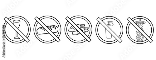 Drawing of 5 icon symbols. Of prohibitions drinking, eating, wearing leather shoes, using cream and bathing in the shower. This observance is practiced by Jews fasting on Yom Kippur. copy