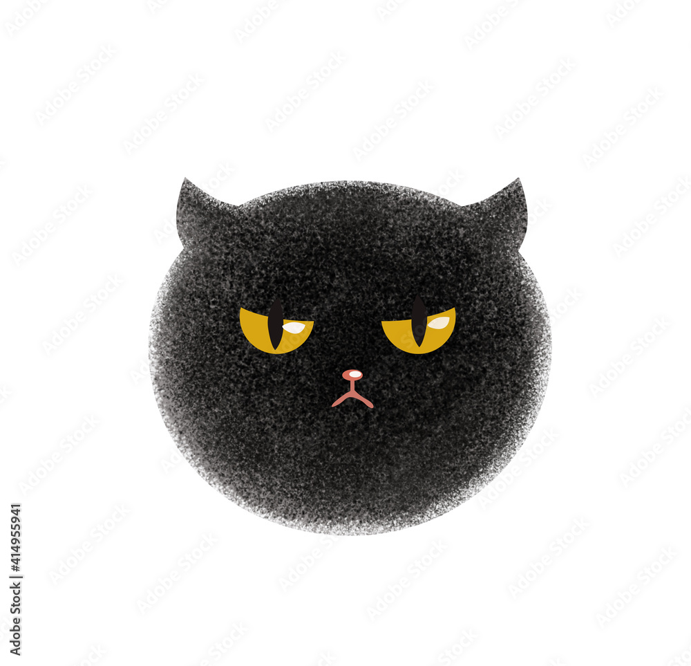 Hand drawn cute funny cranky black cat face illustration. Children's design poster. T Shirt design