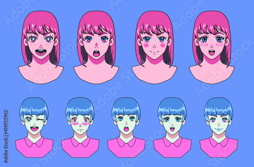 Anime avatar maker with set of different emotions. Cartoon female character template for animation or game design.