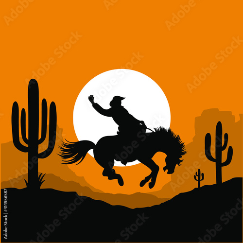 Cowboy riding a wild horse. Vector illustration American desert and cactuses isolated