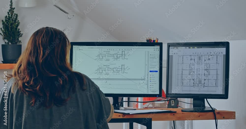 Woman architect working in office Design Engineer Job professional development environment. raining by professionals, distance learning school. Mentors supervision. Remote employment in a team