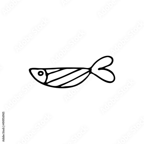 Doodle image of a fish in a decorative style. Image for labels, web, icons, postcards, decoration. Cheerful, childish, cute vector marine theme.
