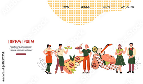 Website page template for restaurant or online food delivery with kitchen and service staff cartoon characters, flat vector illustration. Landing page with restaurant waiters and hosting staff.