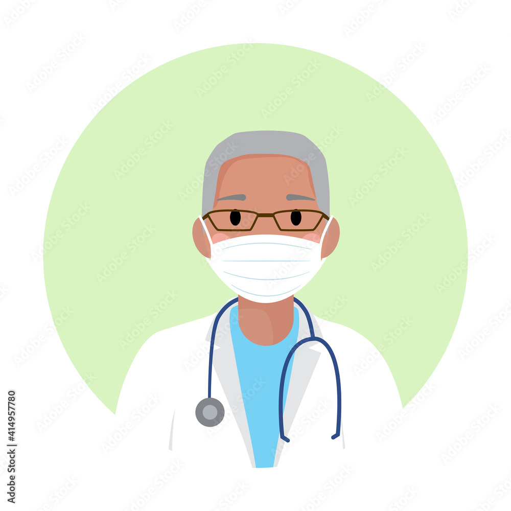 Afro american doctor in medical protective mask against covid-19. Black doctor with glasses, stethoscope and in white coat. Afro American doctor in medical robe avatar. Professional profile, man icon. Afro american doctor in medical protective mask against covid-19. Black doctor with glasses, stethoscope and in white coat. Afro American doctor in medical robe avatar. Professional profile, man icon.